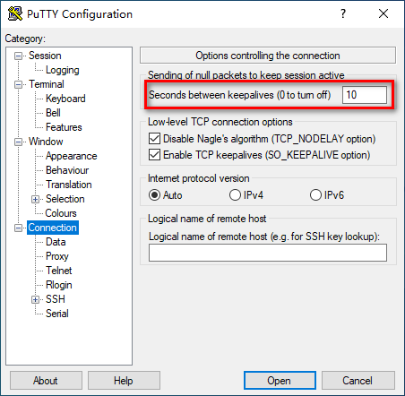设置Putty保持连接
